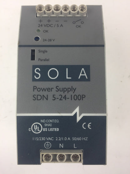 SOLA SDN 5-24-100P POWER SUPPLY 115/230VAC 2.2/1.0A 50/60HZ 24VDC/5A 24-28V0