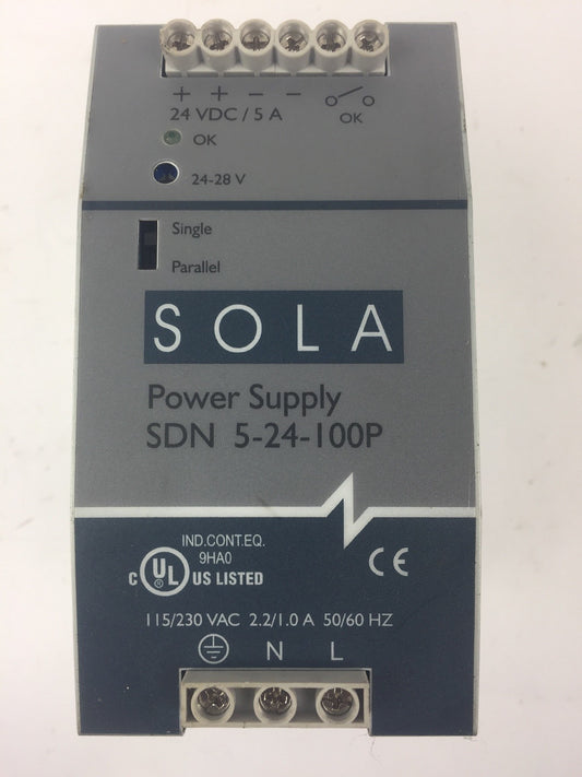 SOLA SDN 5-24-100P POWER SUPPLY 115/230VAC 2.2/1.0A 50/60HZ 24VDC/5A 24-28V0