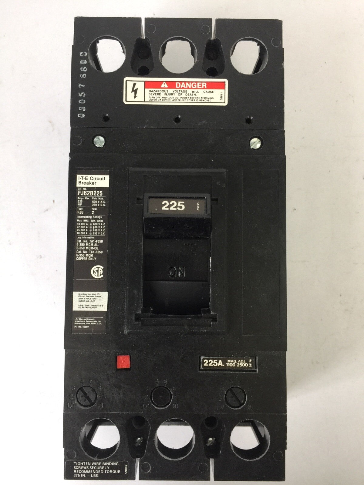 ITE SIEMENS FJ62B225 CIRCUIT BREAKER 600VAC 250VDC 225AMP 2POLE 2