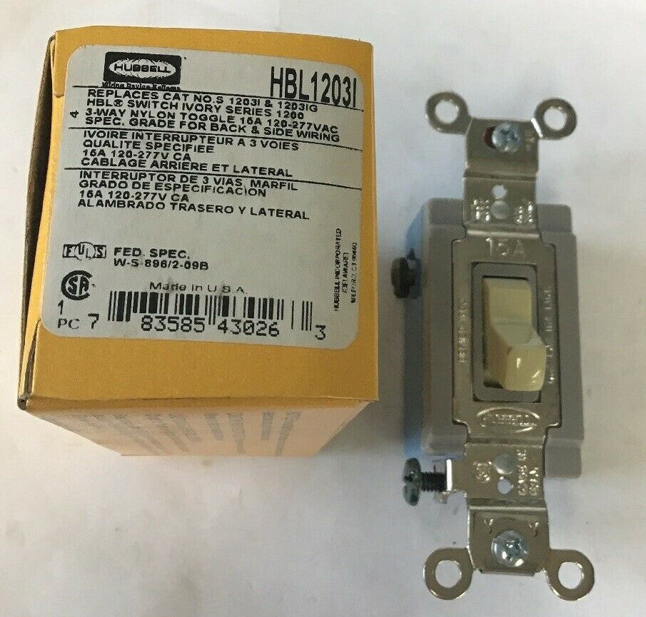 HUBBELL HBL1203I SWITCH IVORY SER 1200 3WAY  TOGGLE 15A 120/277VAC***LOTOF2***0