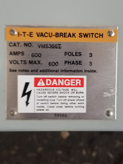 ITE SIEMENS VMS VMS366T 600 AMP 600V FUSIBLE PANEL PANELBOARD SWITCH3