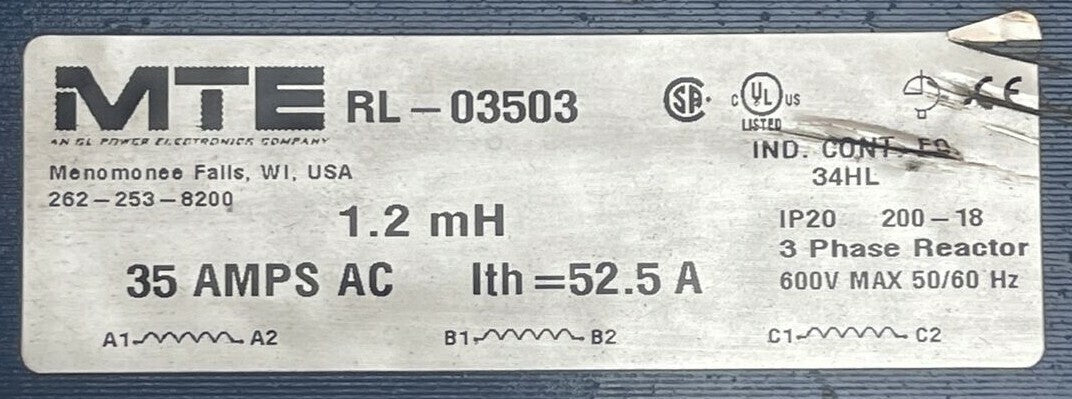 MTE RL-03503 3 PHASE REACTOR 600V 50/60HZ 1.2mH 35 AMPS AC Ith=52.5A1
