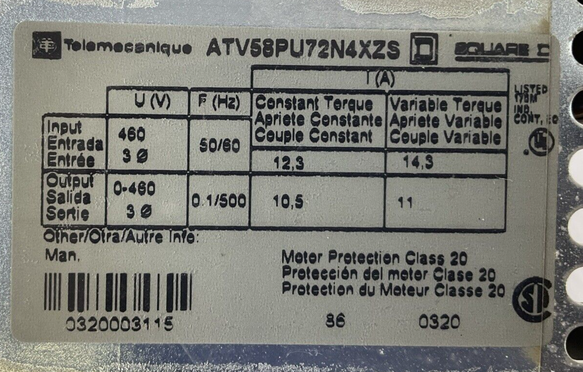 TELEMECANIQUE ATV58PU72N4XZS AC DRIVE 460V V5.31