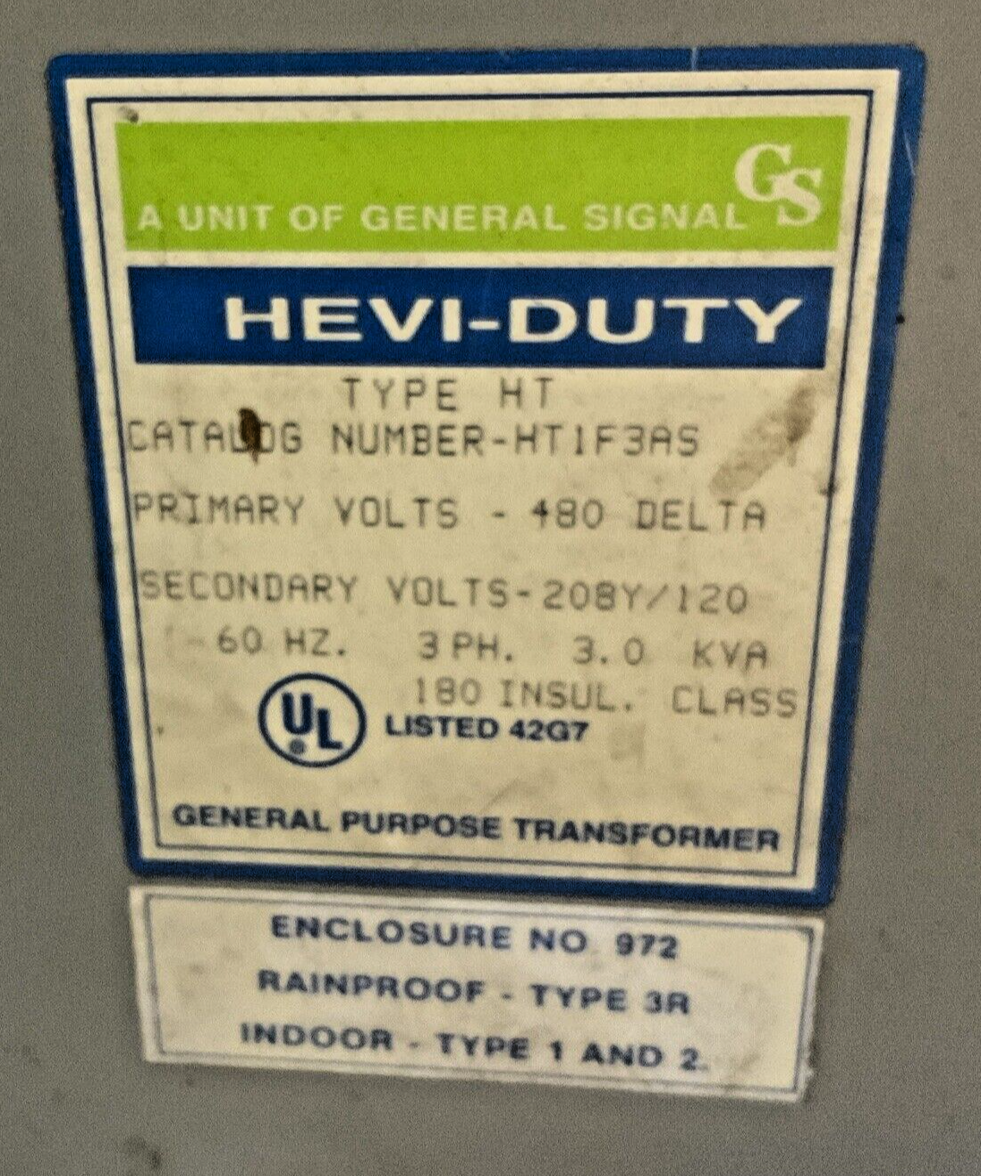 HEVI-DUTY HT1F3AS TRANSFORMER 480 DELTA 3PH 3 KVA 60HZ1