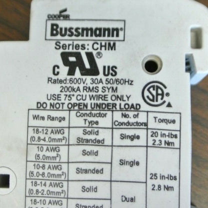 BUSSMANN CHM SERIES FUSE HOLDER / 600V, 30A, 50/60Hz w/o fuses ***LOTOF7***3