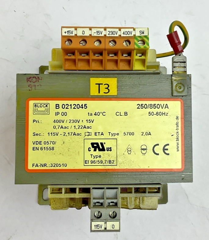 BLOCK B0212045 TRANSFORMER 250/850VA 50-60HZ 400V0