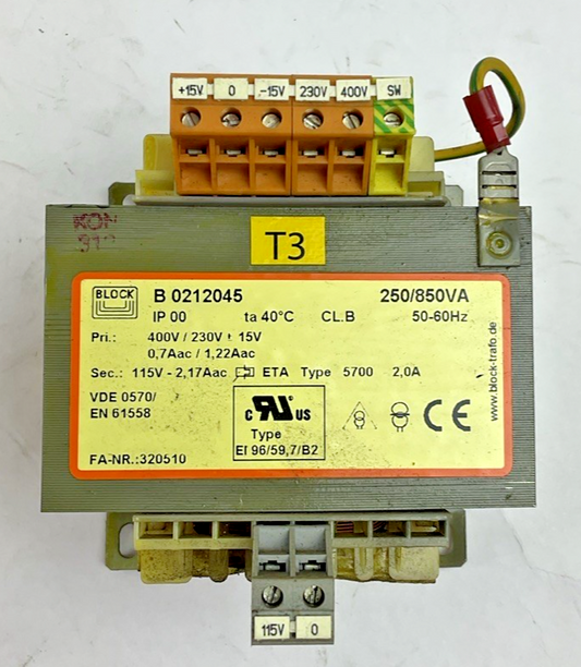 BLOCK B0212045 TRANSFORMER 250/850VA 50-60HZ 400V0