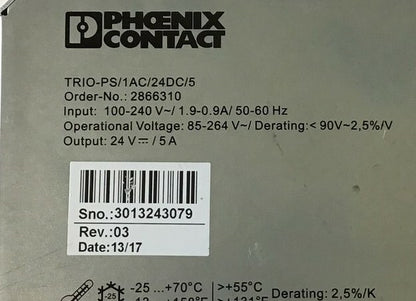PHOENIX CONTACT TRIO-PS/1AC/24DC/5 POWER SUPPLY 100-240VAC 1.9-0.9A 50/60HZ1