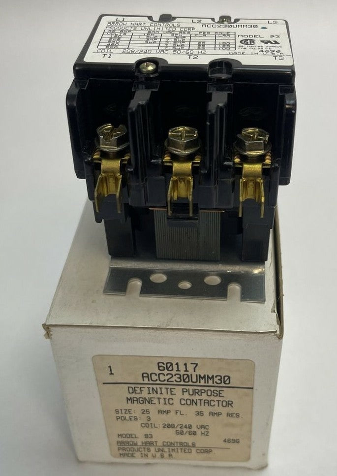 ARROW HART 60117 ACC230UMM30 DIFINITE PURPOSE MAGNETIC CONTACTOR 208/240VAC 25A0