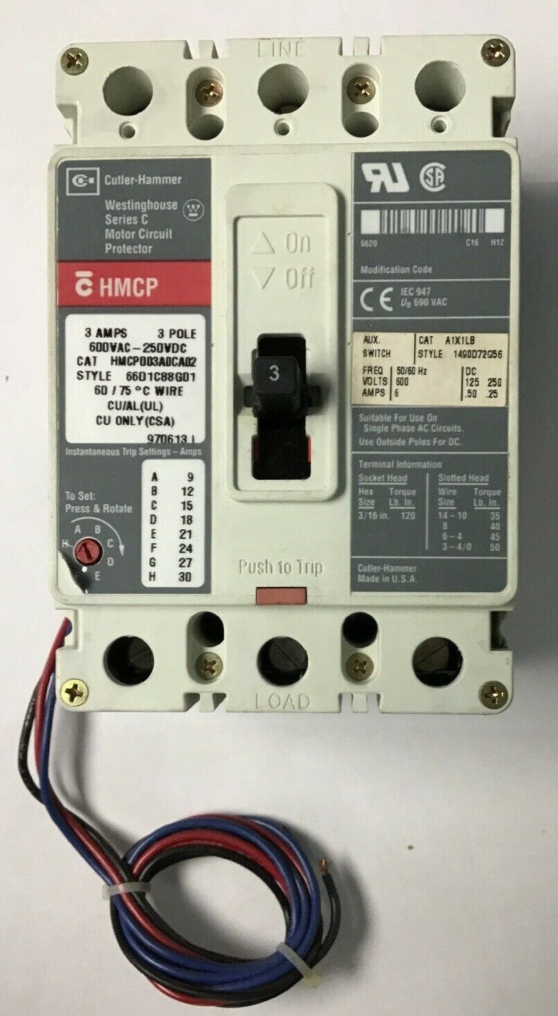 WESTINGHOUSE HMCP003A0CA02 CIRCUIT PROTECTOR 3AMP 600VAC-250VDC 3POLE SER.C 0