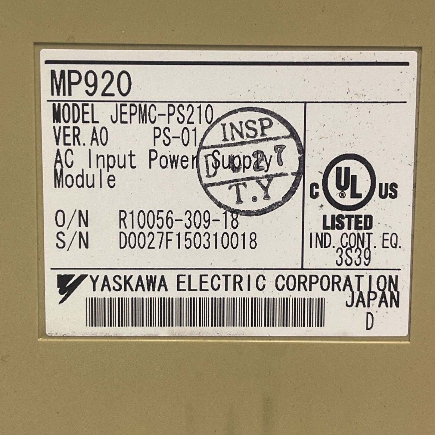 YASKAWA JEPMC-PS210 VER. A0 PS-01 AC INPUT POWER SUPPLY MODULE MP9201