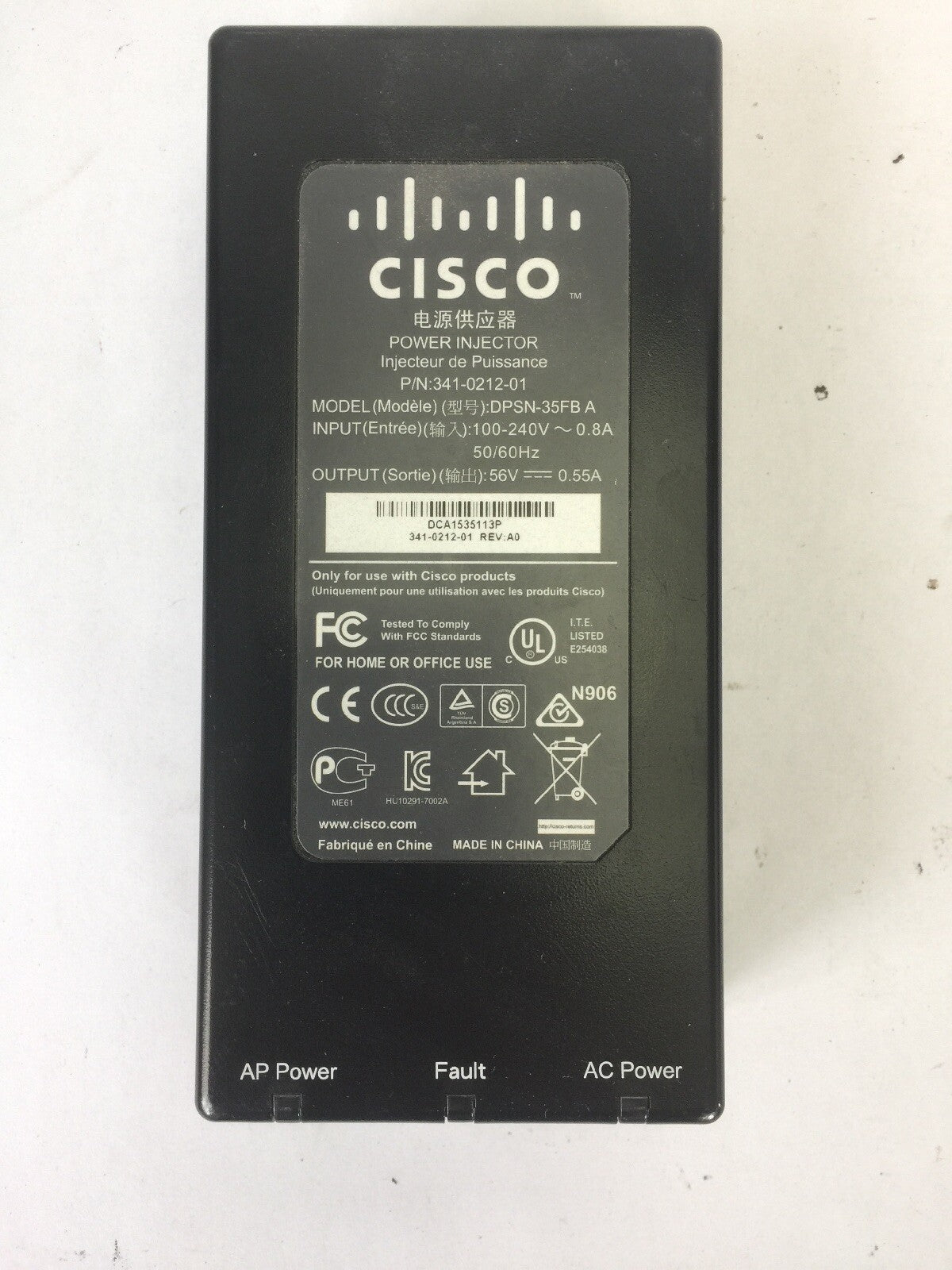 CISCO DPSN-35FBA POWER INJECTOR INPUT 100-240VAC 0.8A OUTPUT 56VDC 0.55A 2
