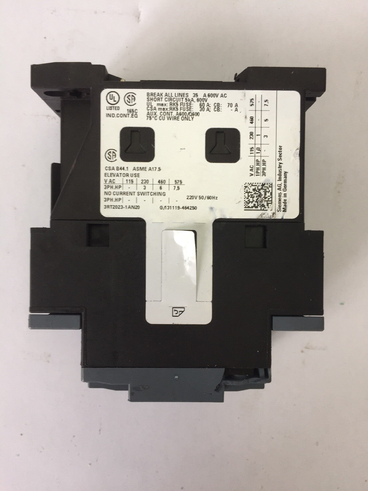 SIEMENS 3RT2023-1AN20 CONTACTOR 600VAC 3 POLE SIRIUS G/131119*E02* 220V 50/60HZ2
