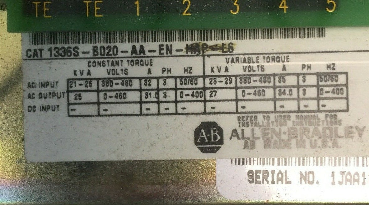 ALLEN BRADLEY 1336S-B020-AA-EN-HAP-L6 AC DRIVE OUTPUT 0-460VAC 31A 3PH 27KVA1
