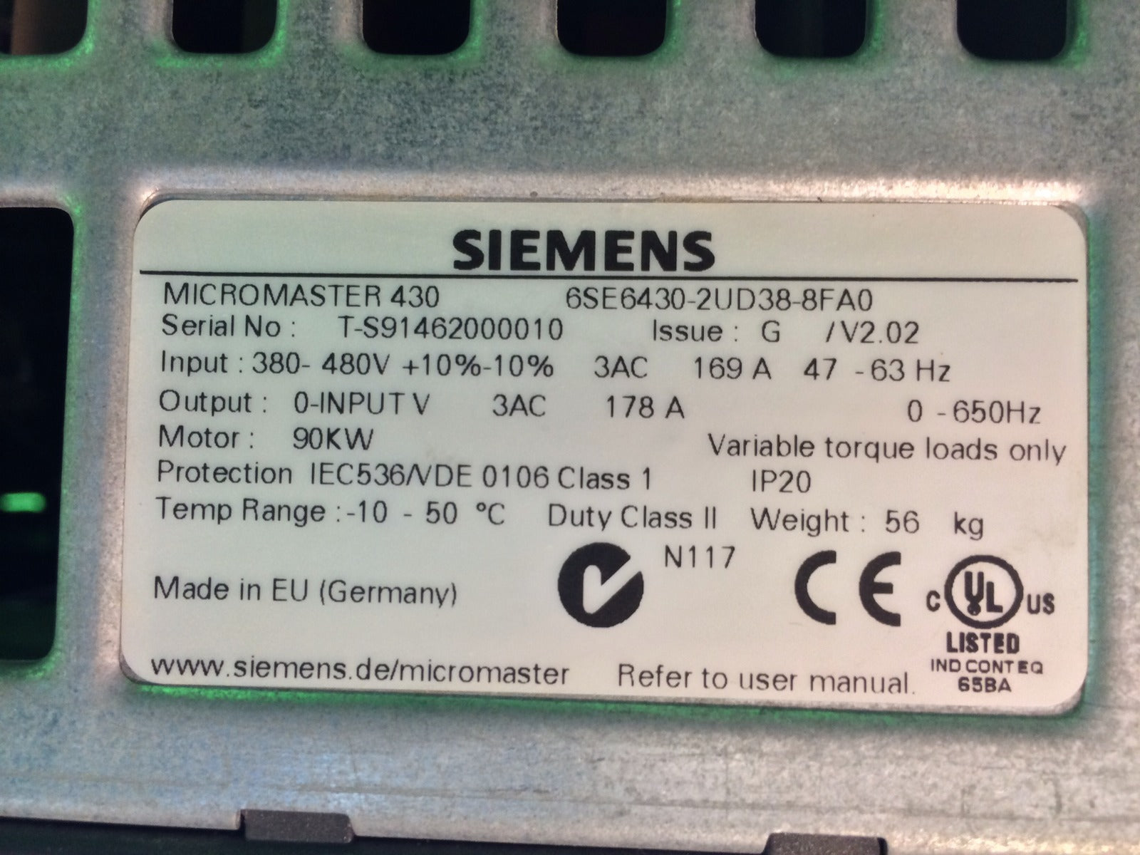 SIEMENS MICROMASTER 430 DRIVE 6SE6430-2UD38-8FA0, 120HP/90kW, 380-480V3