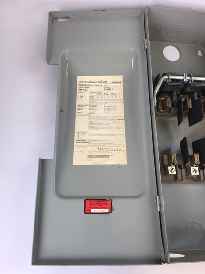 ITE JN423 ENCLOSED SWITCH 100A 240VAC 30HP TYPE 1 ENCLOSURE VACU-BREAK SWITCH W8