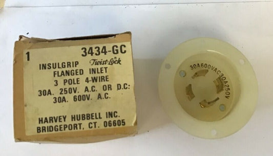 HUBBELL 3434-GC INSULGRIP FLANGED INLET 3POLE 30A 250V/ 30A 600VAC 0