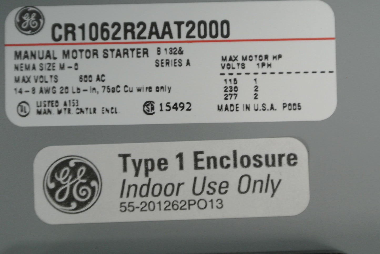 GENERAL ELECTRIC CR1062R2AAT2000 MANUAL MOTOR STARTER, 2-POLE / NEW SURPLUS7