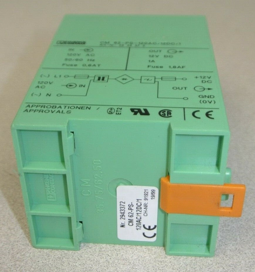 PHOENIX CONTACT CM 62-PS-120AC/12DC/1 POWER SUPPLY / 120VAC -- 12VDC / 1A5