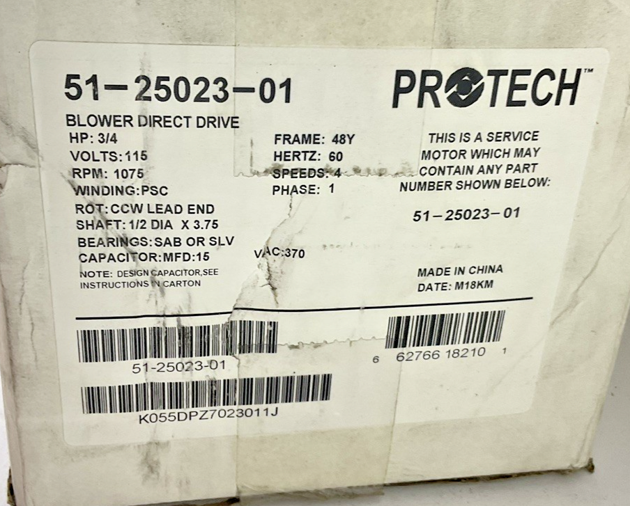 PROTECH K55HXDPZ-7023 BLOWER DIRECT DRIVE 3/4HP 115V 1075RPM 1/2DIAx3.75 4SPEED0