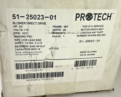 PROTECH K55HXDPZ-7023 BLOWER DIRECT DRIVE 3/4HP 115V 1075RPM 1/2DIAx3.75 4SPEED0
