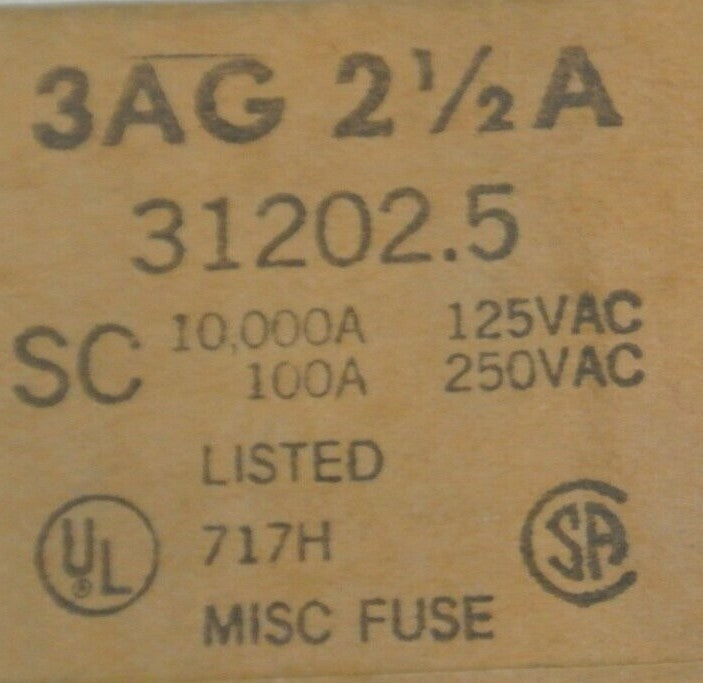SEALED BOX of 2,000 LITTELFUSE / TRACOR 3AG 2-1/2A FUSE / 31202.5 / 10A @ 250VAC1