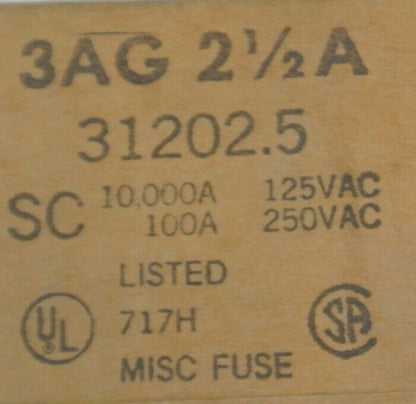 SEALED BOX of 2,000 LITTELFUSE / TRACOR 3AG 2-1/2A FUSE / 31202.5 / 10A @ 250VAC1
