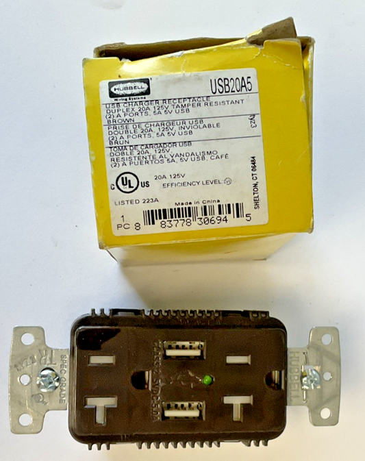 HUBBELL USB20A5 USB CHARGER RECEPTACLE DUPLEX 20A 125V0