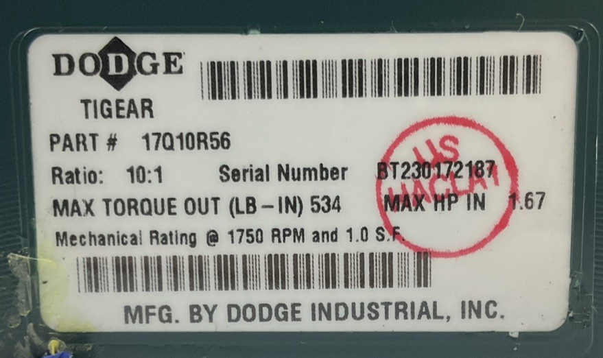 DODGE 17Q10R56 TIGEAR GEAR REDUCER RATIO 10:1 1750RPM1
