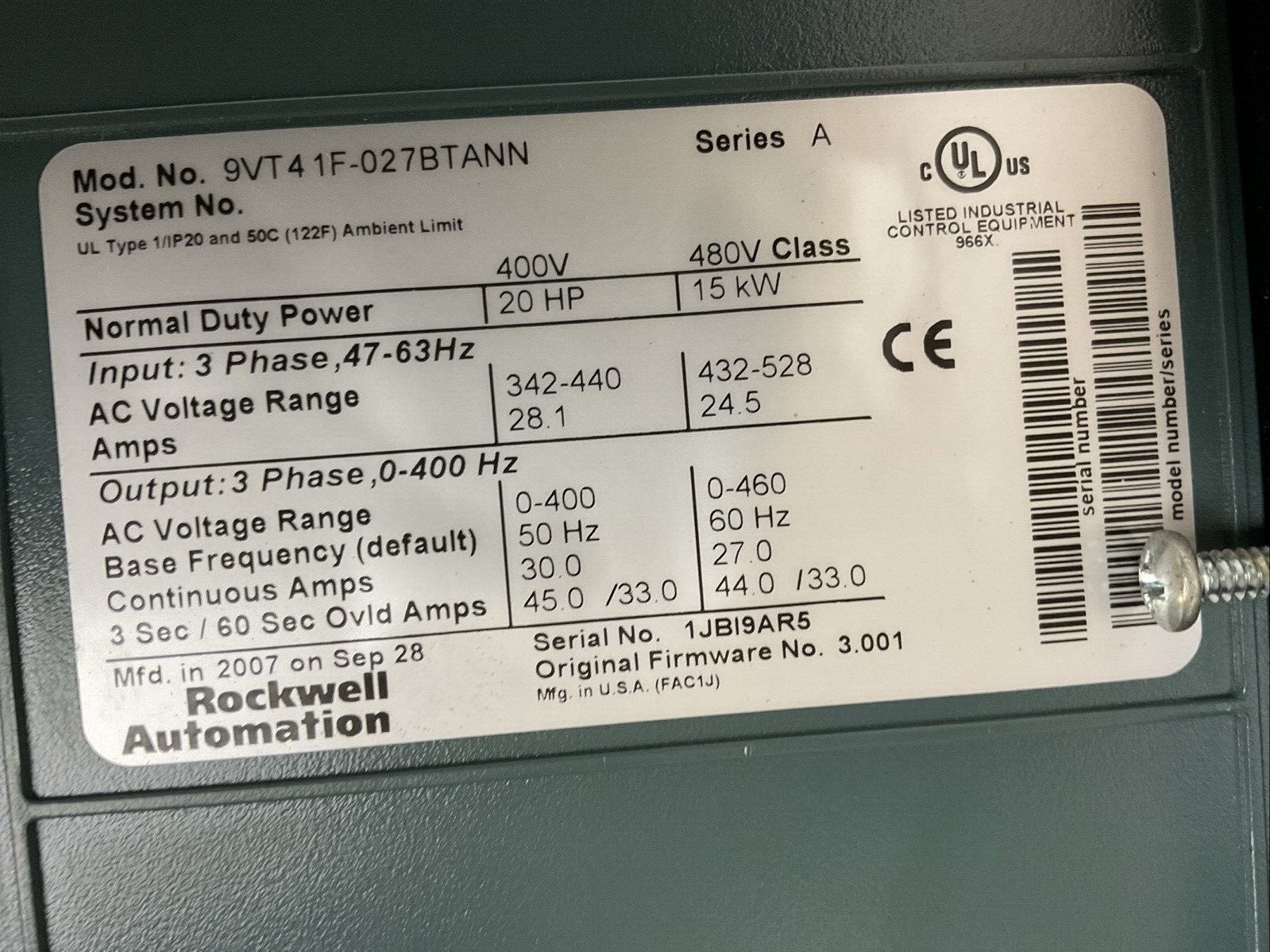 ROCKWELL AUTOMATION 9VT4 1F-027BTANN AC DRIVE SER A 400V 20HP FIRMWARE NO 3.0011