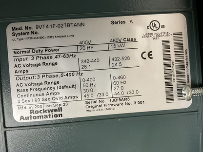 ROCKWELL AUTOMATION 9VT4 1F-027BTANN AC DRIVE SER A 400V 20HP FIRMWARE NO 3.0011