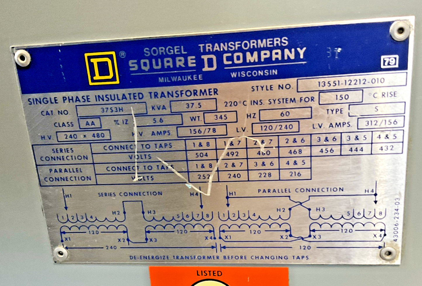 SQUARE D 37S3H TRANSFORMER H.V.120-480V L.V.120-240 37.5KVA CLASS AA 60HZ TYPE S1
