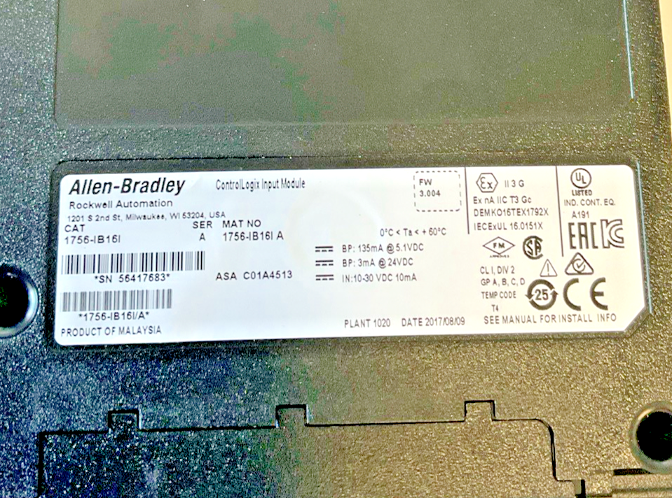 ALLEN BRADLEY 1756-IB16I INPUIT MODULE FW:3.004 SER.A 24VDC2