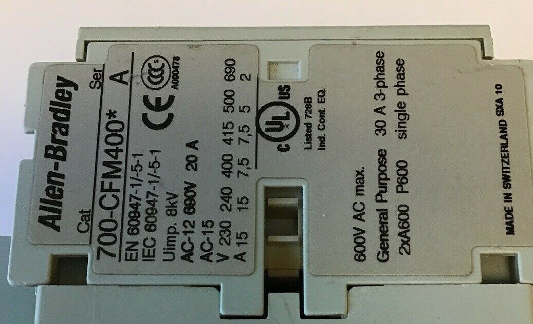 ALLEN BRADLEY 700-CFM400* SER. A  CONTACTOR CONTROL RELAY 600VAC 20A 1