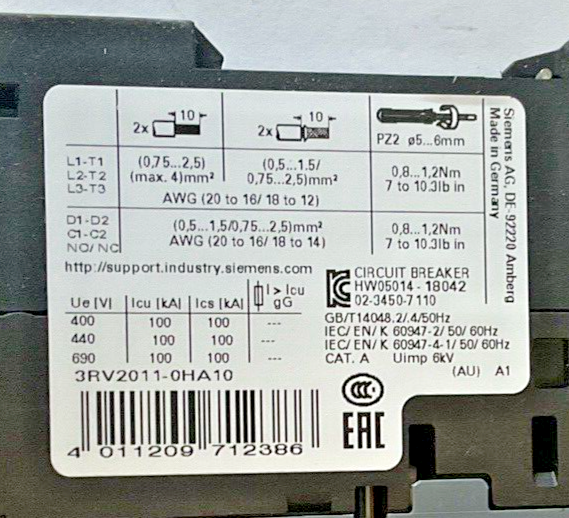 SIEMENS 3RV2011-0HA10 MOTOR CONTROL 0.55-0.8A4