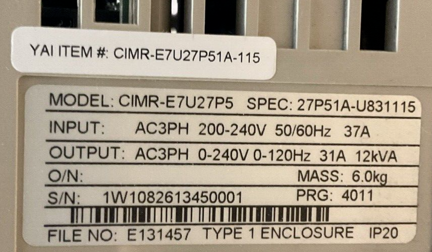 YASKAWA E7NVD024CGXY3 E7 DRIVE BYPASS OUTPUT 0-200VAC 3PH 24.2A INPUT 200VAC 3PH3