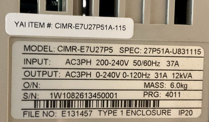 YASKAWA E7NVD024CGXY3 E7 DRIVE BYPASS OUTPUT 0-200VAC 3PH 24.2A INPUT 200VAC 3PH3