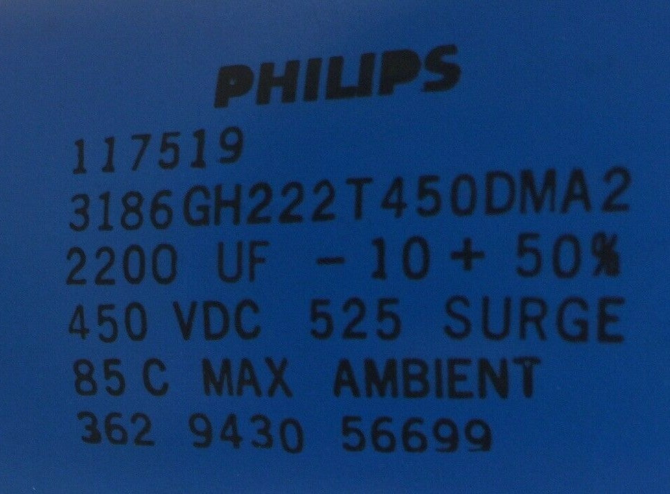 PHILLIPS 117519 CAPACITOR 2200UF -10+50% 450VDC 525 SURGE 85 C MAX AMBIENT1