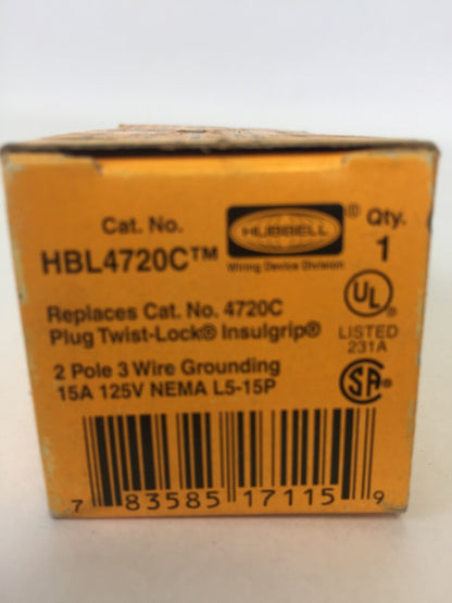 HUBBELL HBL4720C PLUG TWIST-LOCK INSULGRIP 2 POLE 15A 125V 3 WIRE GROUNDING 1