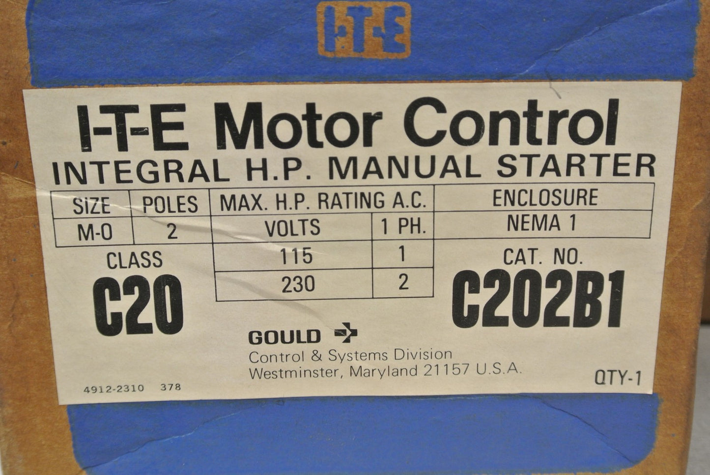 I-T-E C202B1 / INTEGRAL H.P. MANUAL STARTER / 2-POLE / 115-/230V / NEW SURPLUS1