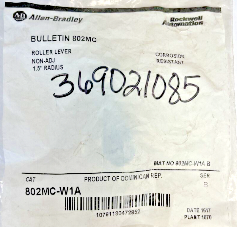 ALLEN BRADLEY - 802MC-W1A - ROLLER LEVER - NON-ADJUSTABLE - 1.5" RADIUS0