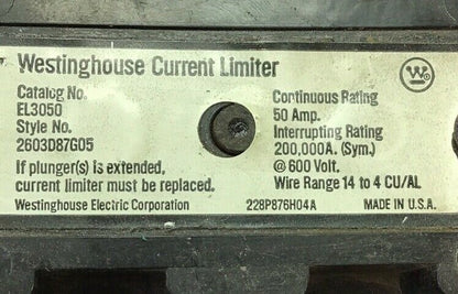 WESTINGHOUSE EL3050 CURRENT LIMITER 50A 600VOLT 2603D87G051
