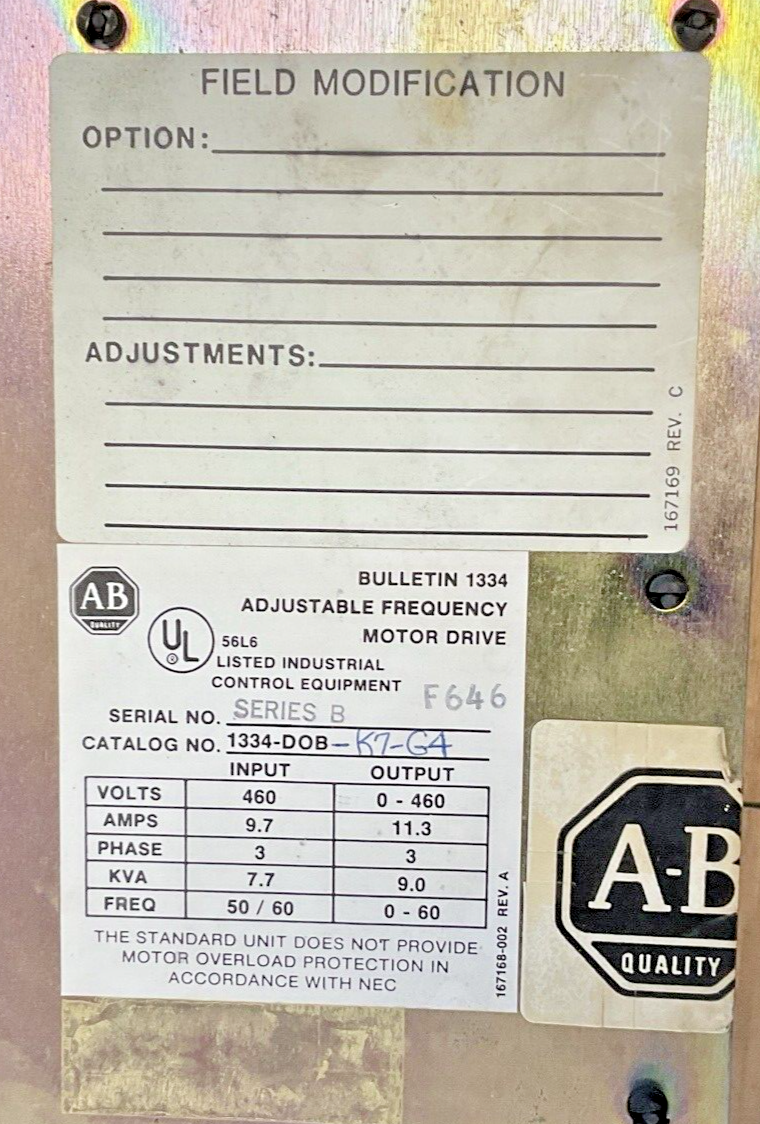 ALLEN-BRADLEY 1334-DOB-K7-G4 ADJUSTABLE FREQUENCY DRIVE 460V 3PH 11.3A2