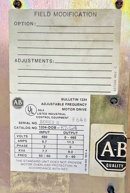 ALLEN-BRADLEY 1334-DOB-K7-G4 ADJUSTABLE FREQUENCY DRIVE 460V 3PH 11.3A2