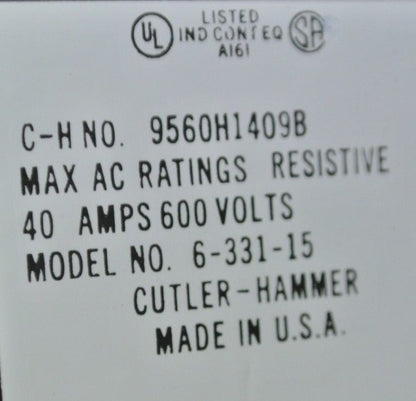 CUTLER-HAMMER 9560H1409-49 DEF PURPOSE CONTACTOR 40A 104/120V COIL 9560H1409B1