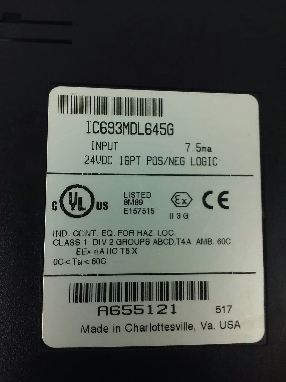 GE FANUC IC693MDL645G INPUT MODULE 24VDC 16PT POS/NEG 7.5mA, USED MISSING COVER1