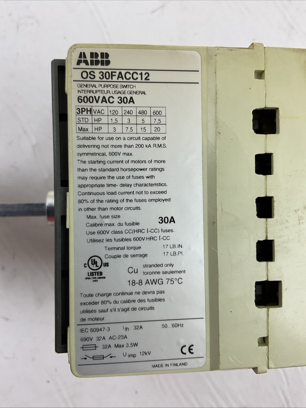 ABB OS 30FACC12 DISCONNECT SWITCH 600VAC 30A 3PH 20HP1