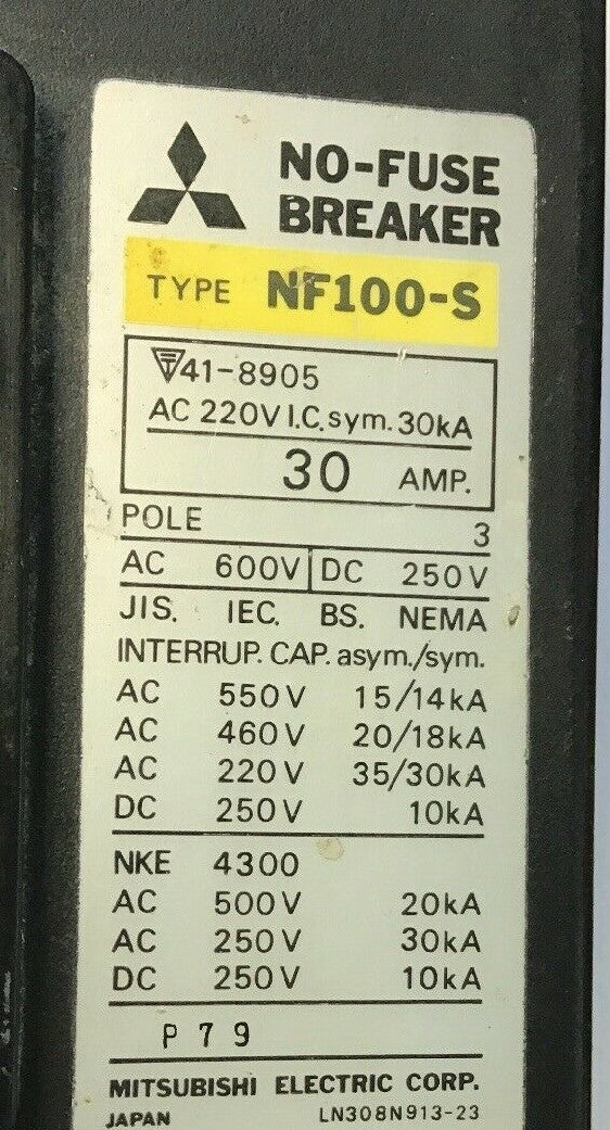 MITSUBISHI NF 100-S CIRCUIT BREAKER 30AMP 600VAC/250VDC 3POLE1