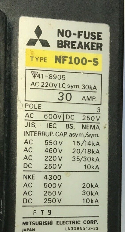 MITSUBISHI NF 100-S CIRCUIT BREAKER 30AMP 600VAC/250VDC 3POLE1