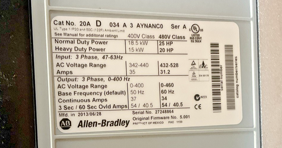 ALLEN BRADLEY 20AD034A3AYNANC0 POWER FLEX AC DRIVE 70 FRM 5.0016
